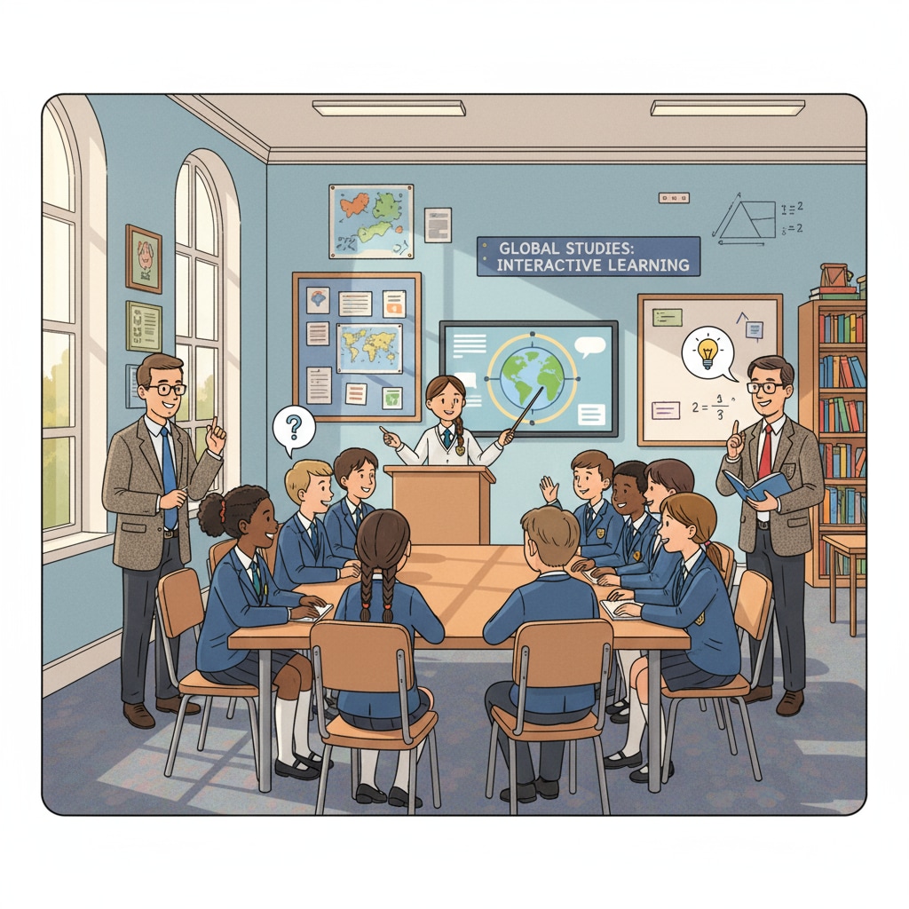 A private school classroom where students are actively participating in discussions, showing the learning environment in private schools. Students in a private school classroom, related to educational choices for siblings.