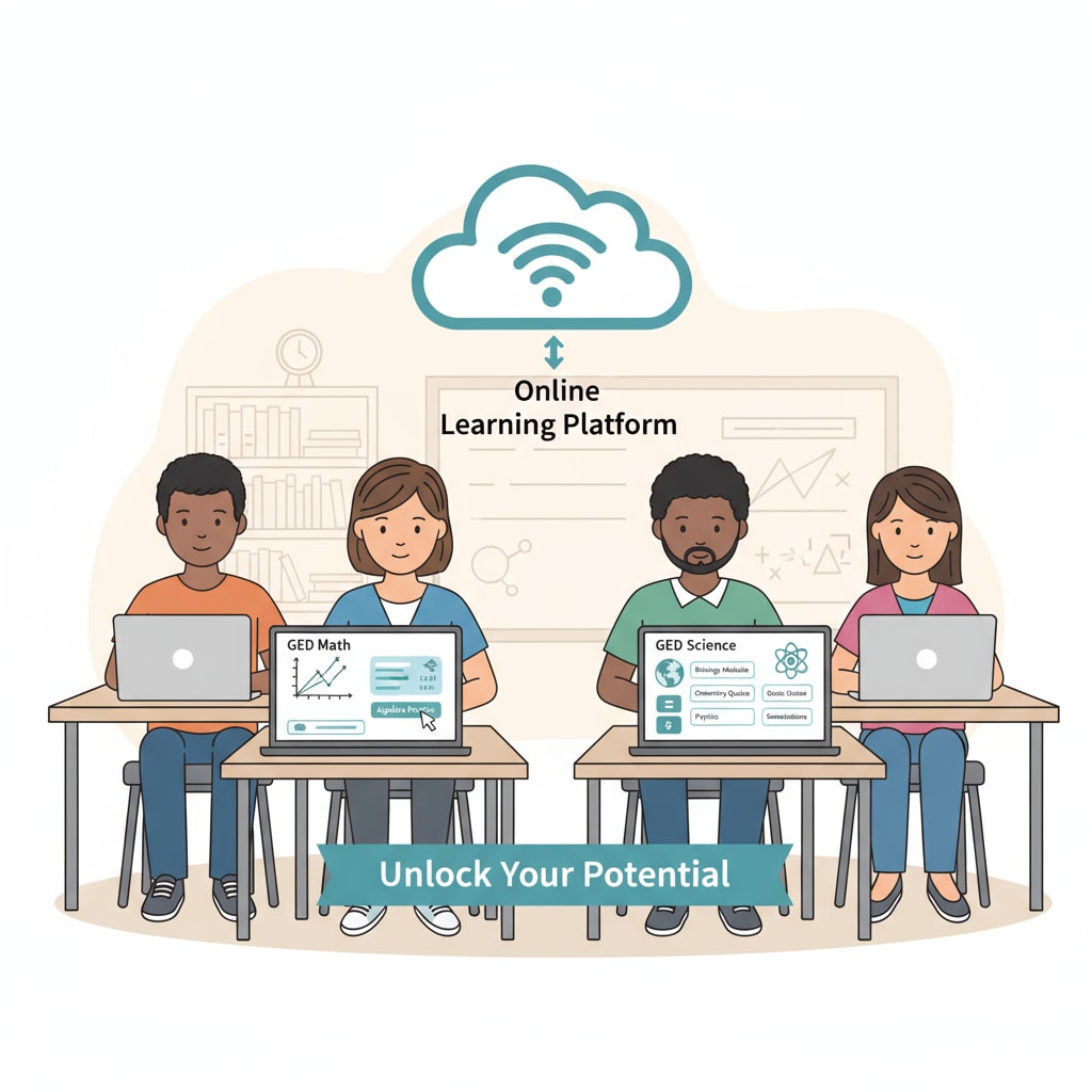 Students are using laptops to access online platforms for GED math and science learning. Students learning GED math and science on online platforms