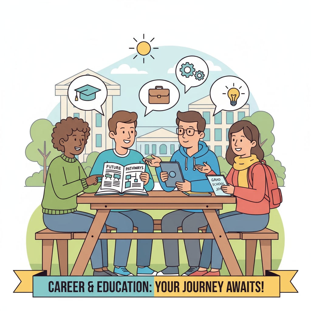 A group of students are engaged in a lively discussion about their career aspirations and the possibility of further education on a college campus. Students discussing career development and further education value on campus