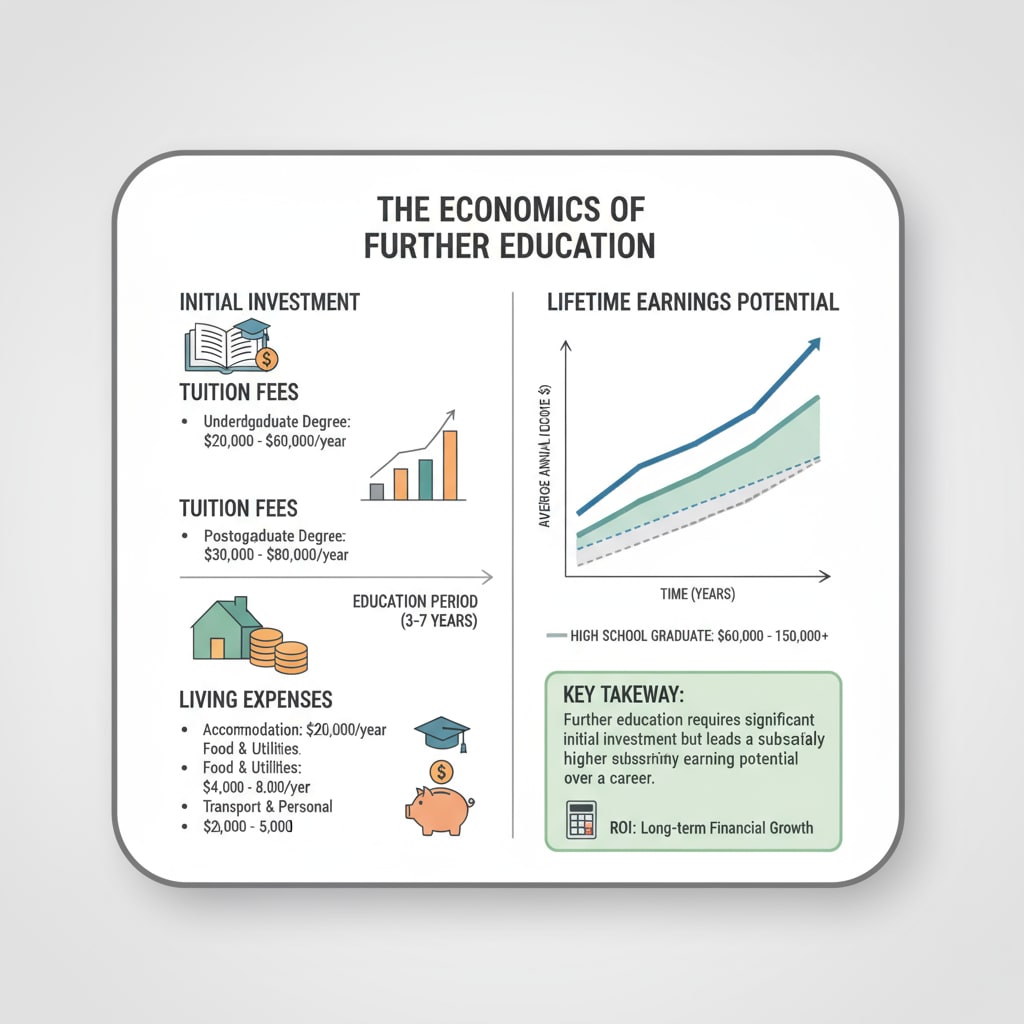 An infographic presenting the costs associated with further education, including tuition and living expenses, and the potential increase in earnings over time. Infographic showing the financial aspects of career development and further education value