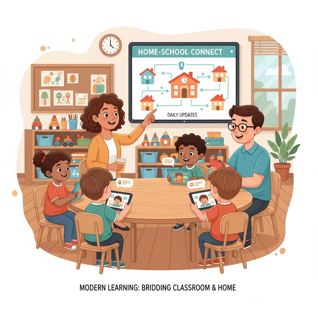 A group of preschool children and teachers are using digital devices to communicate, showing the use of home-school communication platforms in a preschool setting. Preschoolers and teachers using digital devices for home-school communication with Parentsquare, Peachjar, and Securely in mind