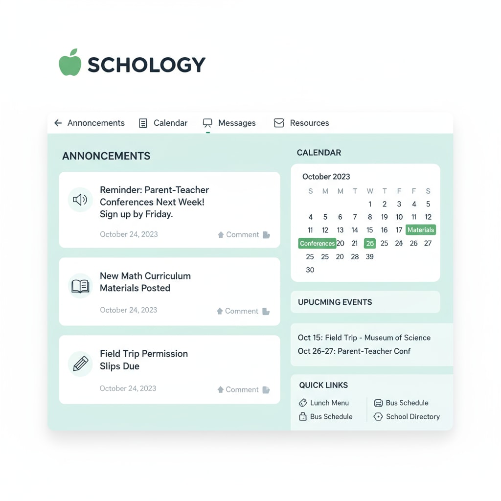 A screenshot of a popular home-school communication platform interface, showing features like announcements, calendars, etc. Screenshot of a home-school communication platform similar to Parentsquare, Peachjar, or Securely
