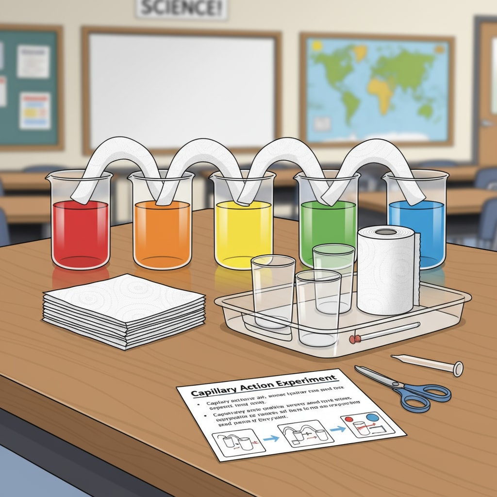 Children are seen in a classroom setting, working together on a table with glasses filled with colored water, paper towels, and other materials for a simple science experiment. A group of lower - grade students conducting a simple science experiment using everyday items to learn about scientific concepts.