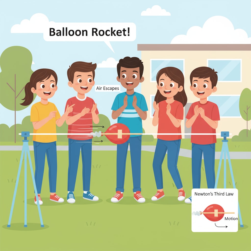 A group of students are gathered around a string with a balloon - attached straw. They are observing the balloon rocket moving along the string, with excited expressions on their faces. Lower - grade students exploring the movement of a balloon rocket as part of a science experiment to understand scientific principles.