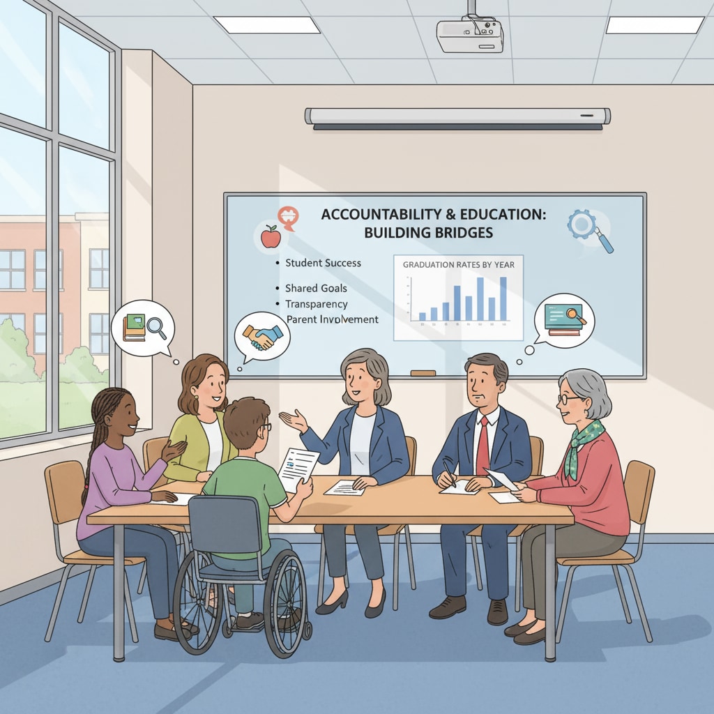 A scene of students, teachers, and community members discussing education in a meeting room related to education policy, accountability, and school management