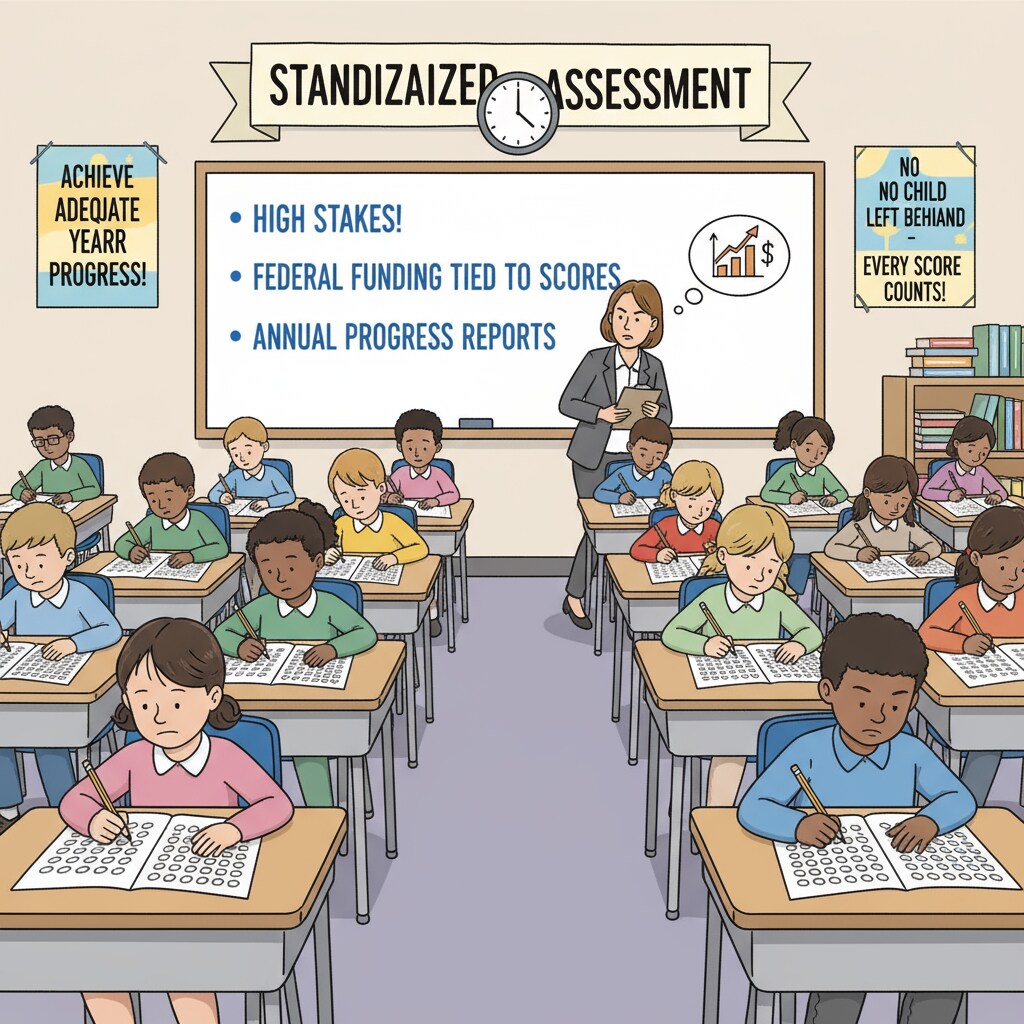 Students taking a standardized test in a classroom relevant to education policy, accountability, and school management