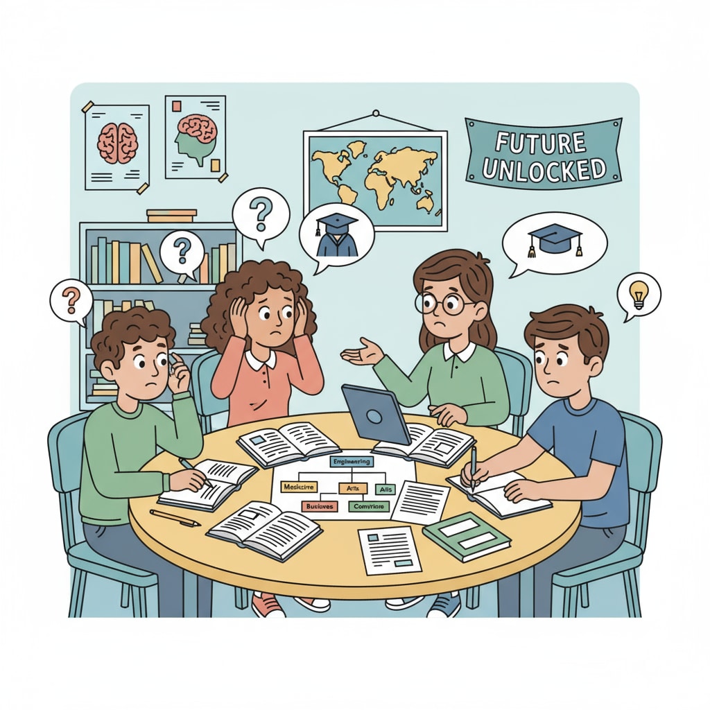 High school students are having a discussion about which college major to choose in a classroom setting, showing their confusion and eagerness to find the right path. High school students exploring professional choice and career planning options in a classroom