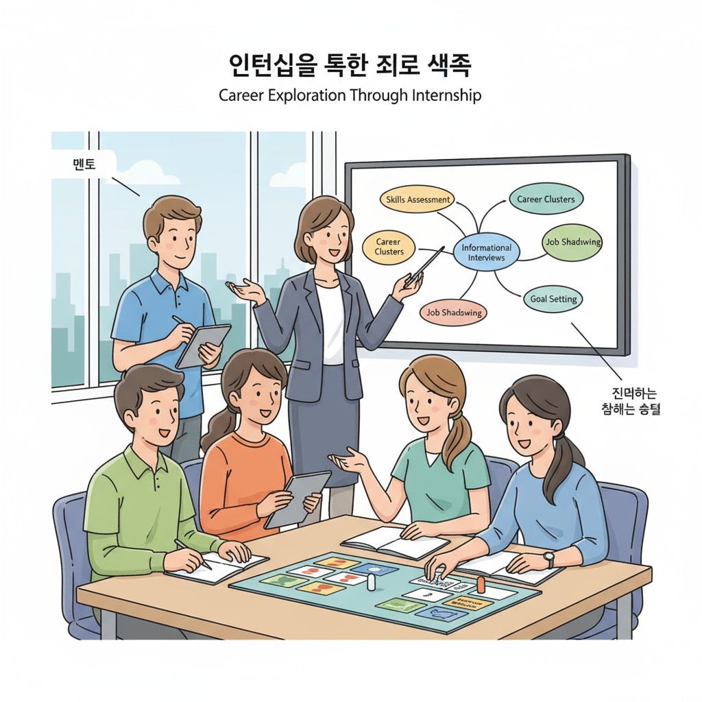 A group of students are actively involved in an internship program, observing and learning about different aspects of a particular career field, which is related to interest exploration and career planning. Students participating in an internship for interest exploration and career planning