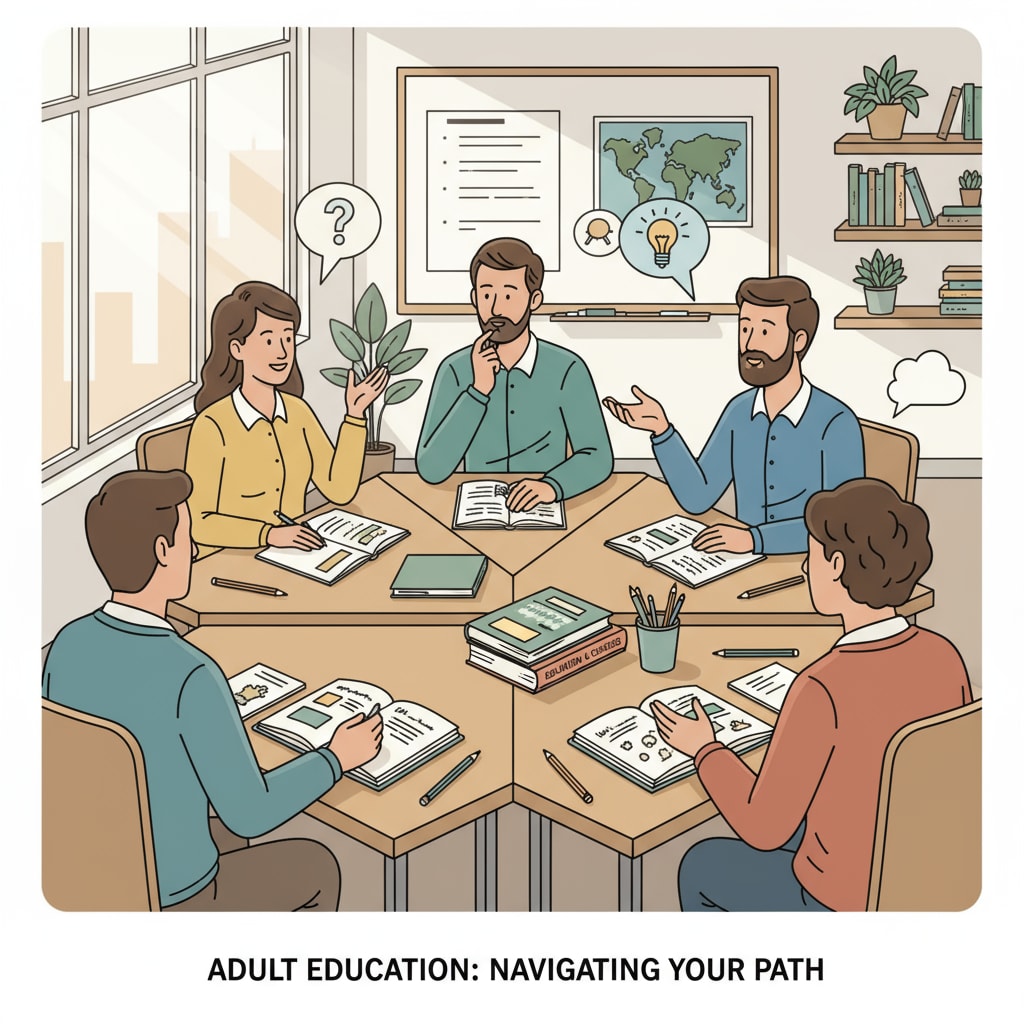 Adult learners are seen in a classroom, having a discussion about their educational choices, with books and notebooks on their desks. Adult education classroom scene with learners discussing high school diploma and GED options