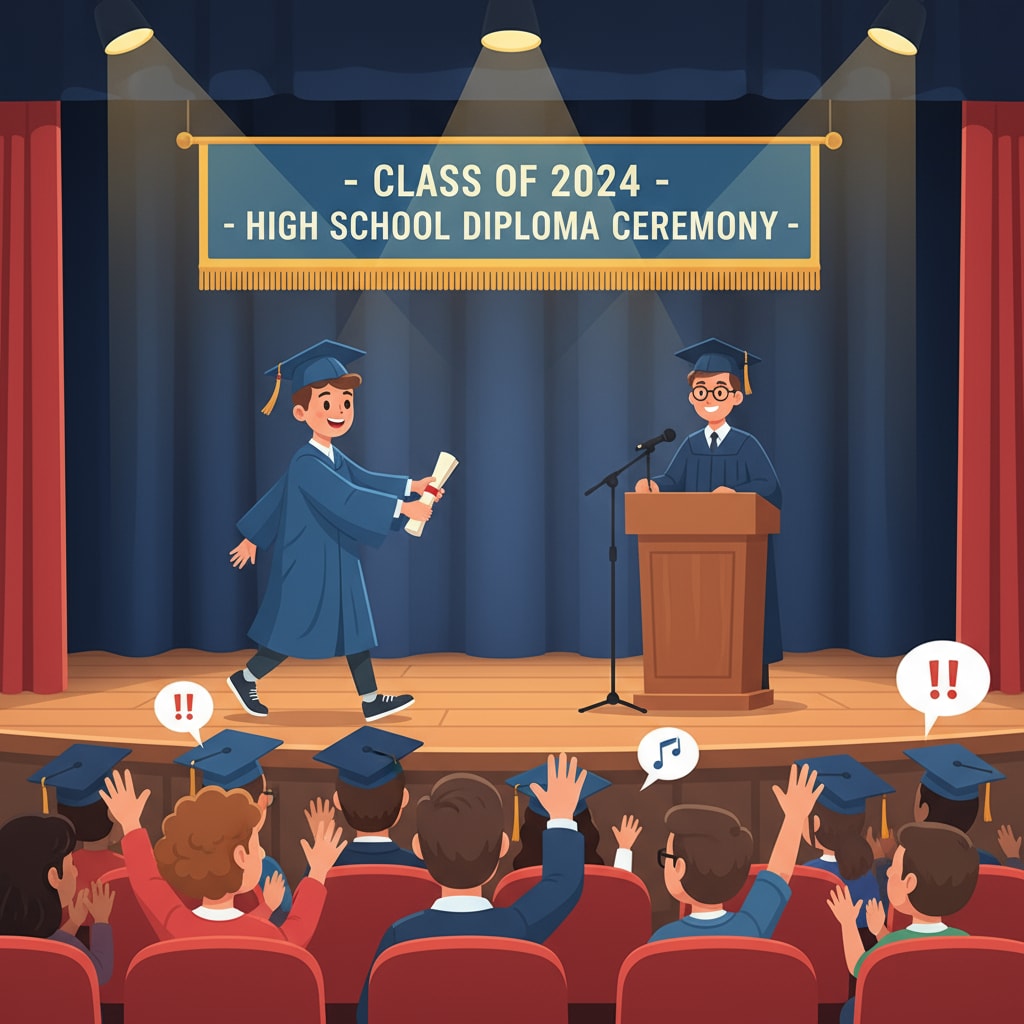 A student is walking across a stage to receive their high school diploma during a graduation ceremony, with proud family members in the audience. Student receiving high school diploma at graduation, relevant to adult education and GED comparison