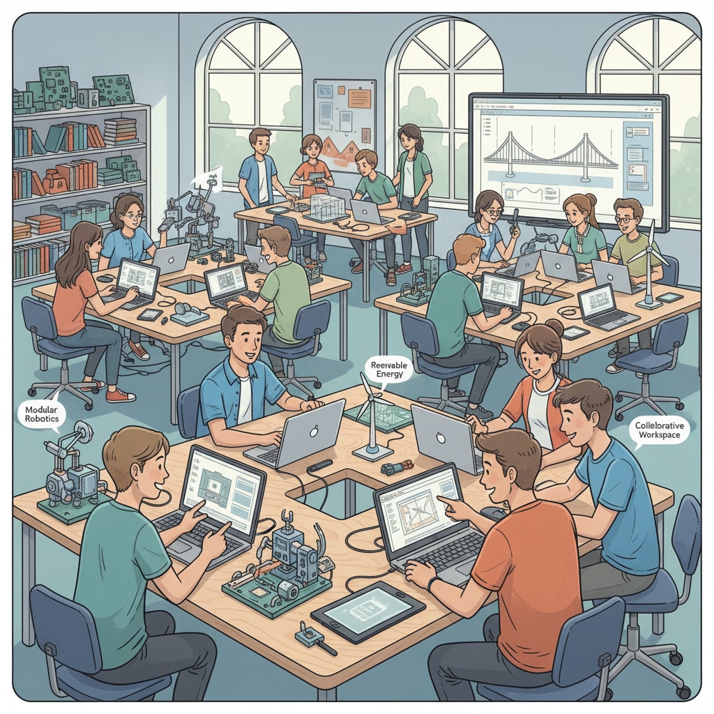 Students are engaged in a discussion about engineering projects in a modern and collaborative alternative learning environment. There are computers and engineering models on the tables. High school students exploring engineering in an alternative education setting