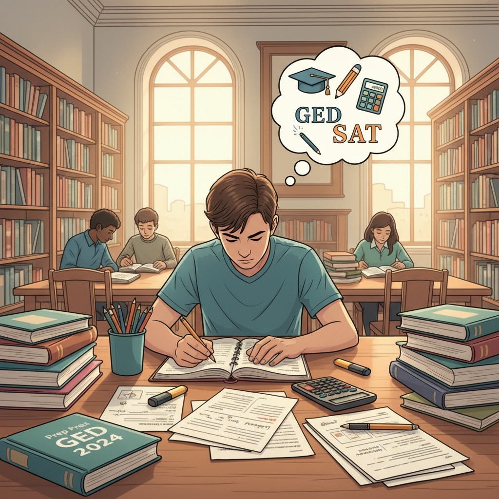 A student is sitting at a table in a library, surrounded by books and study materials, focused on preparing for either the GED or SAT exams. Student studying for alternative education exams related to engineering and computer science
