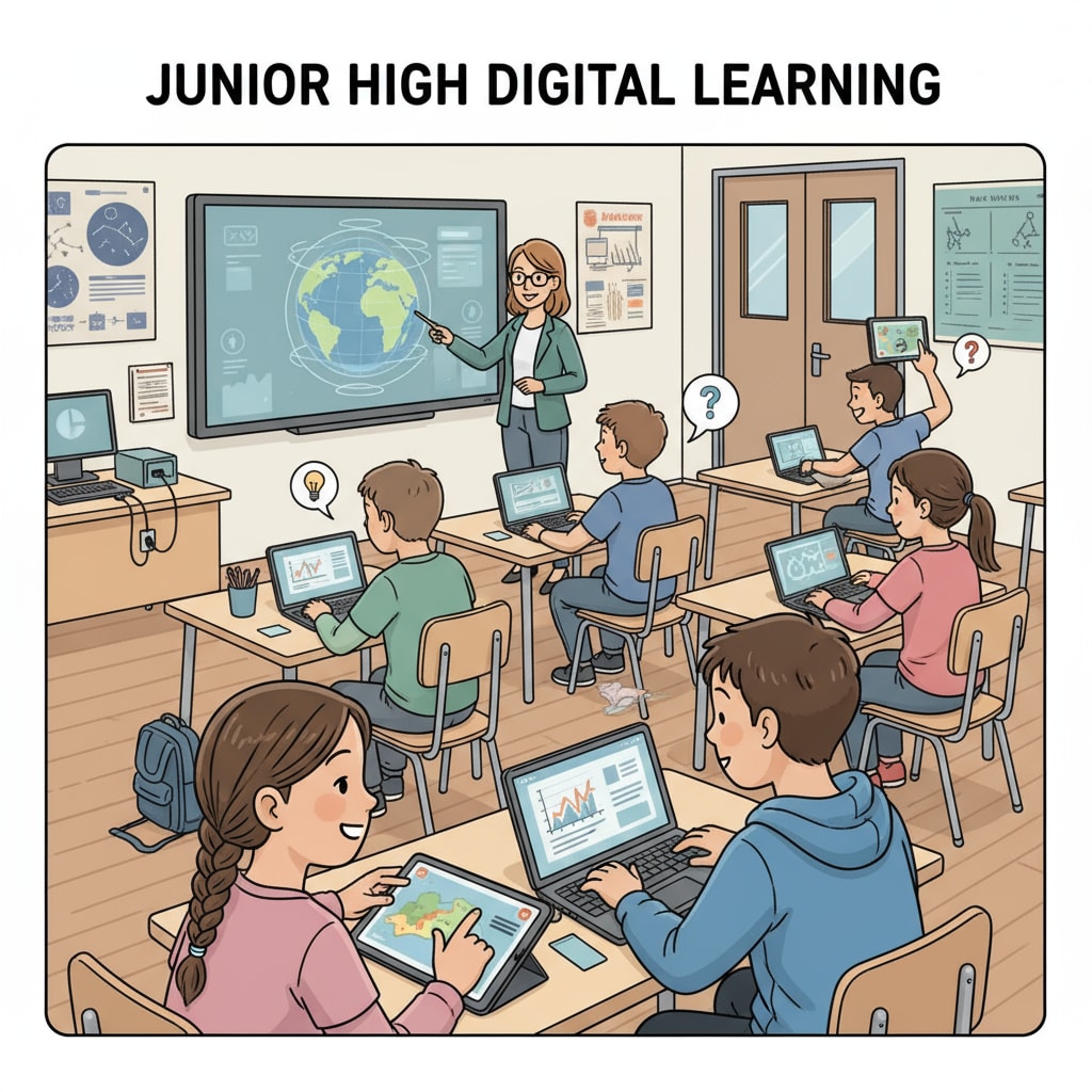 A classroom scene where students are using laptops and tablets to learn, indicating the integration of digital technology in junior high school education. Junior high school students engaged in digital learning during the post-pandemic era.