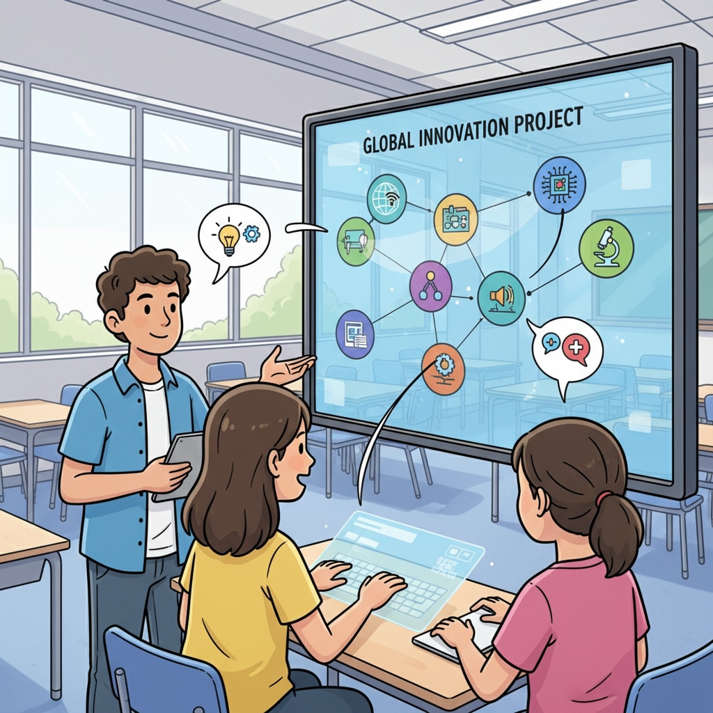 Students working together on a digital project, highlighting the collaborative aspect of digital learning in junior high schools. Post-pandemic junior high school students collaborating on a digital project for enhanced learning.