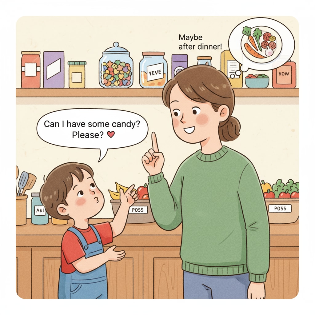 A child is seen asking for candy from an adult in a friendly but persistent manner, with a curious look on their face. A child asking for candy, highlighting the intersection of workplace, family, and child behavior