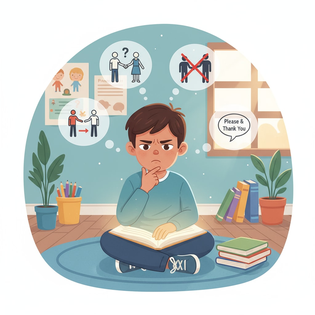 A child is sitting with a thoughtful expression, as if trying to understand social norms and boundaries. A child thinking about social boundaries, related to workplace, family, and child behavior