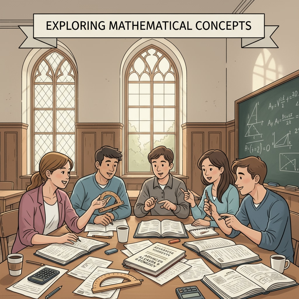 A group of students are having an in-depth discussion about math problems in a European university classroom, with textbooks and notebooks spread out on the table. Students discussing math problems in a European university related to university major selection, mathematics and programming, and European study