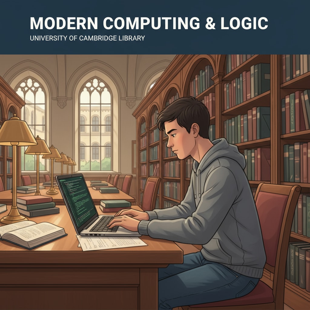 A student is concentrating on typing code on a laptop in a European campus library, surrounded by bookshelves filled with programming and math books. A student programming in a European campus library relevant to university major selection, mathematics and programming, and European study