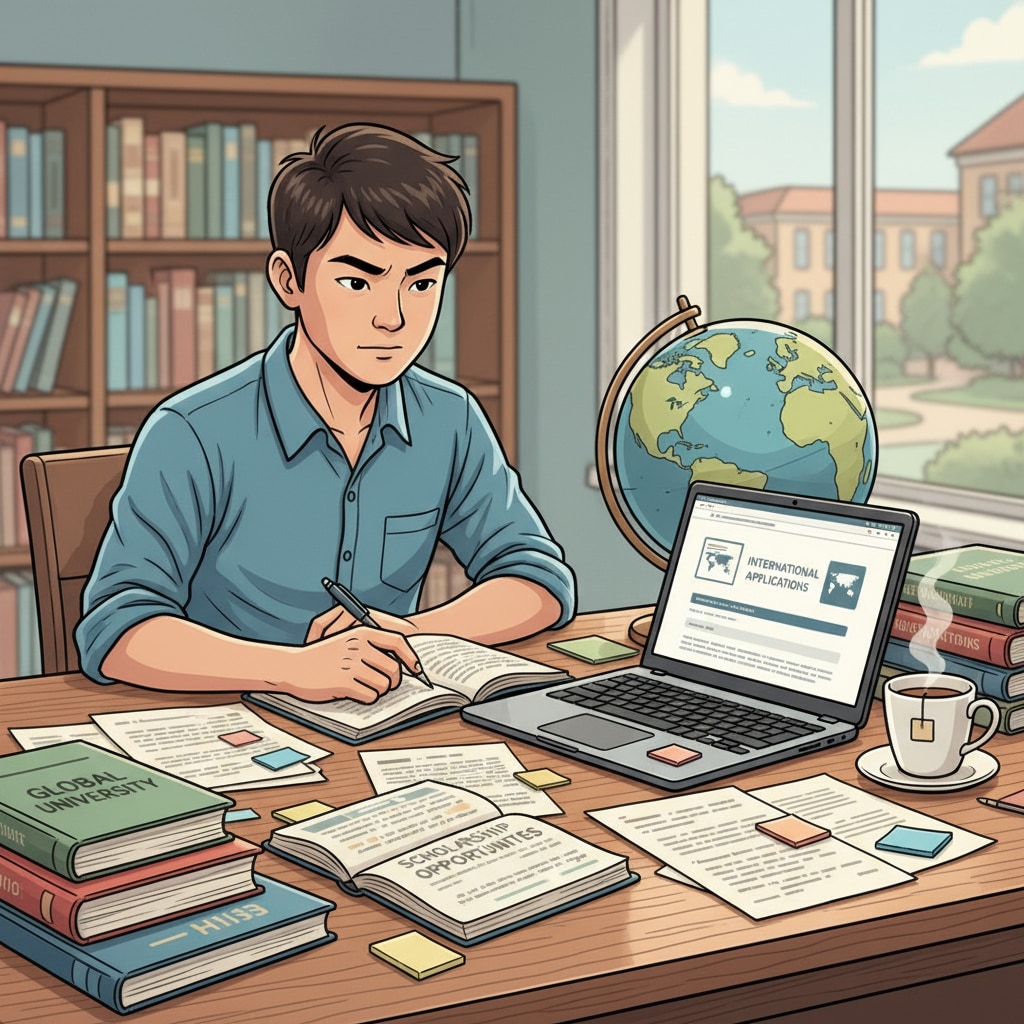 An illustration depicting a student researching international university applications, with books and a laptop open, showing a focused and determined expression. A student researching international university applications related to university applications, scholarships, and extracurricular activities