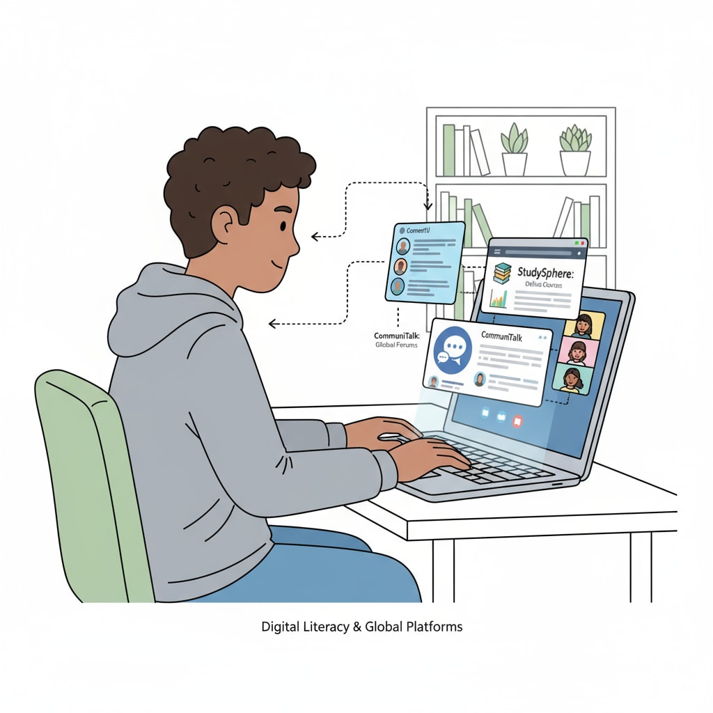 An image showing a student typing on a laptop with various digital platforms such as social media, educational websites, and online communities open on the screen, indicating active engagement in the digital world. A student actively engaged in building a digital footprint for university applications, scholarships, and extracurricular activities