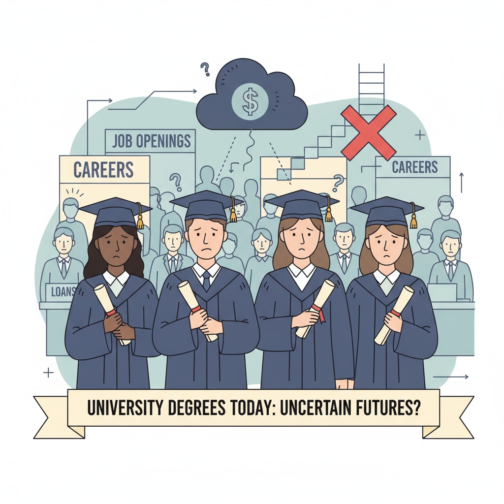 A group of graduates looking worried while holding their degree certificates at a job fair, representing the uncertainty of university degrees in the job market. Graduates at a job fair showing concerns about university degrees, job market, and career development.