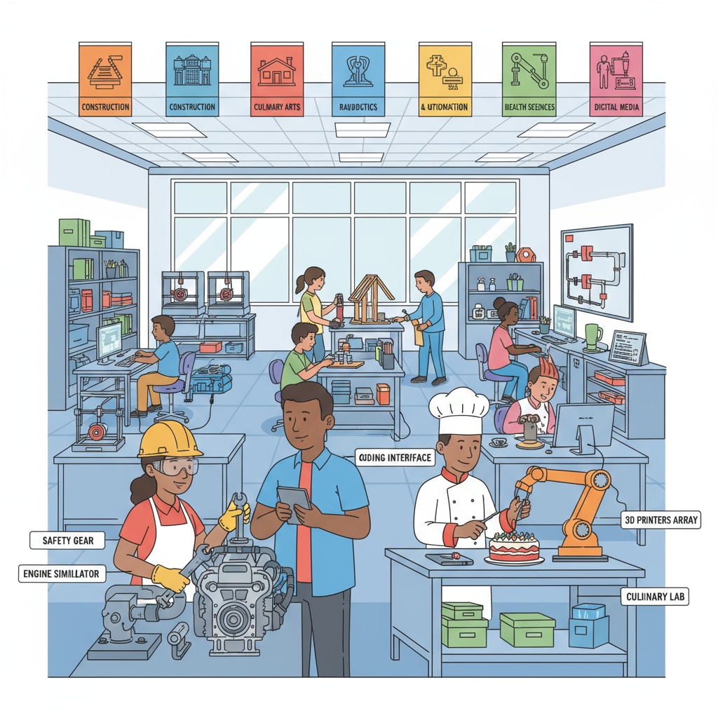 Students in a K12 career and technical education class, learning practical skills to prepare for the job market. K12 students learning practical skills for career development related to university degrees and job market.