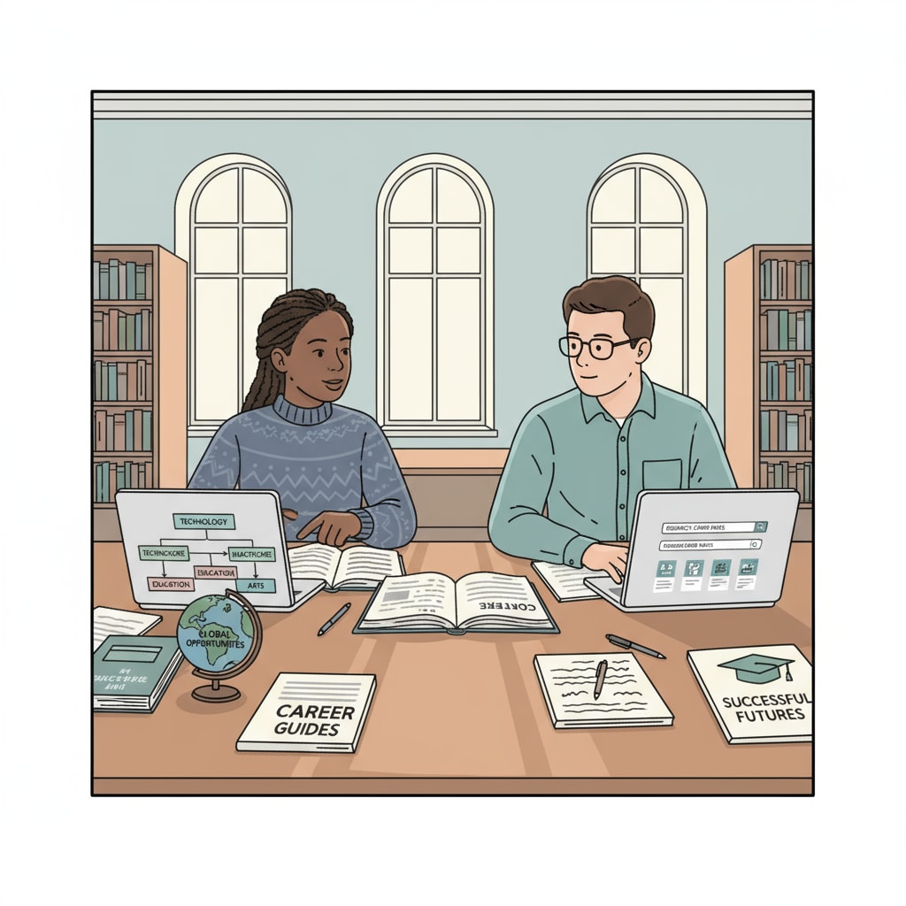 Two students sitting in a library, looking at books and using laptops to research different career paths. Students researching various career options for high-paying jobs and good employment prospects