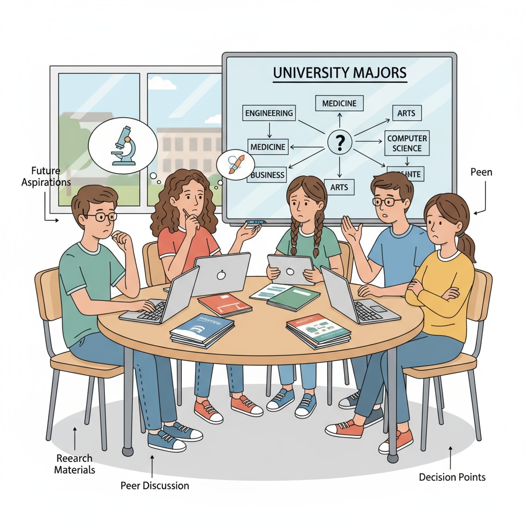A group of high school students are sitting in a classroom, with some looking pensive and others engaged in a discussion about which university majors to choose. The atmosphere seems a bit tense as they grapple with this important decision. High school students facing the challenge of university major selection due to lack of enthusiasm and considering social experiences