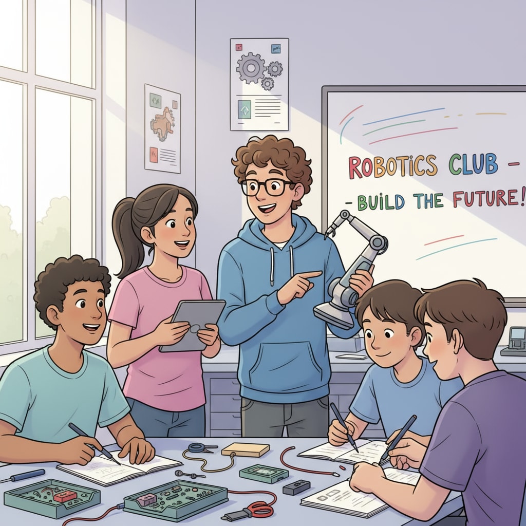 A single high school student is actively participating in a club activity. They are smiling and interacting with other club members, clearly enjoying themselves and potentially discovering new interests. High school student finding potential interests through social experiences in a club activity