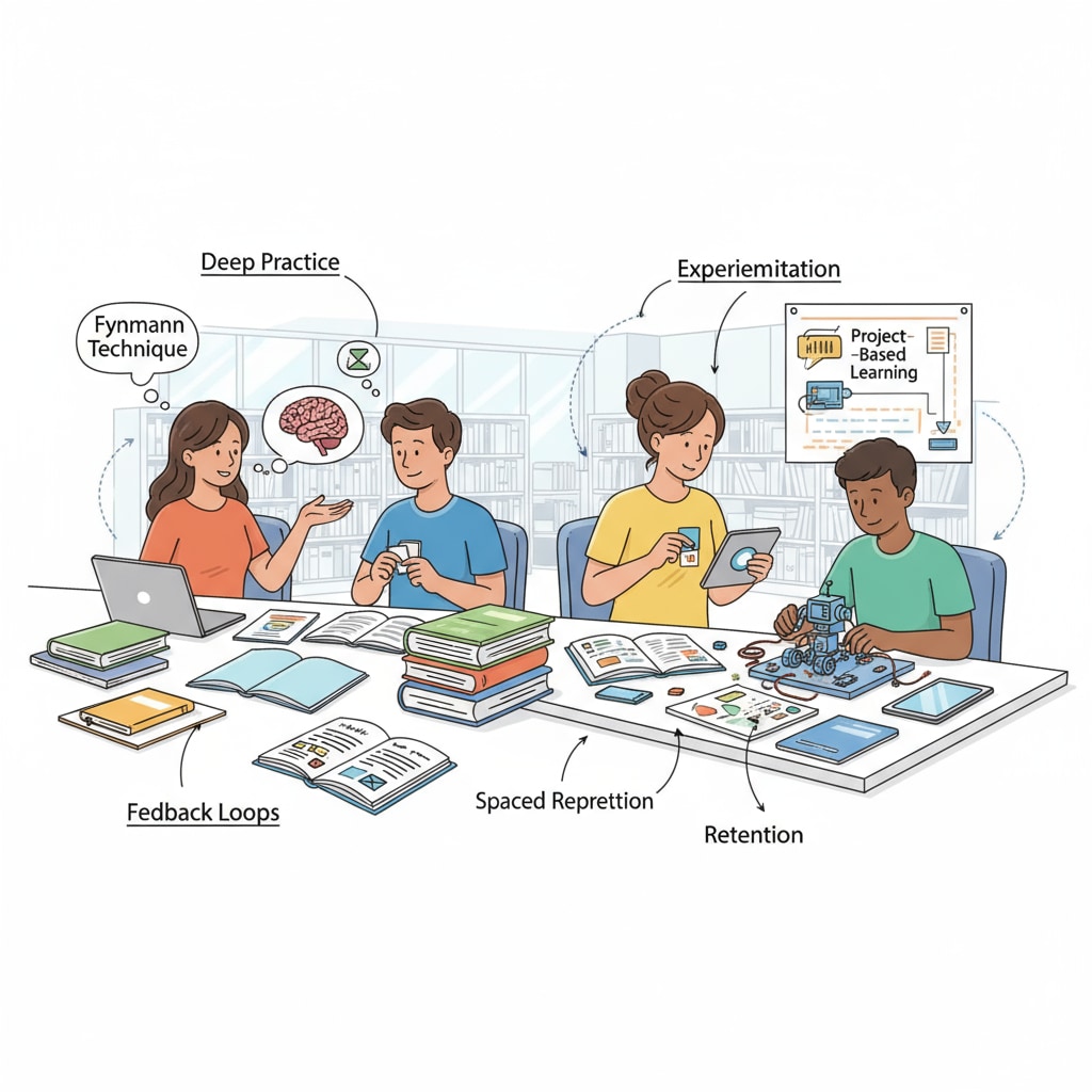 An illustration showing students actively participating in learning activities inspired by the strategies in Ultralearning, with books, notebooks, and interactive elements. Students engaged in deep learning using Ultralearning strategies