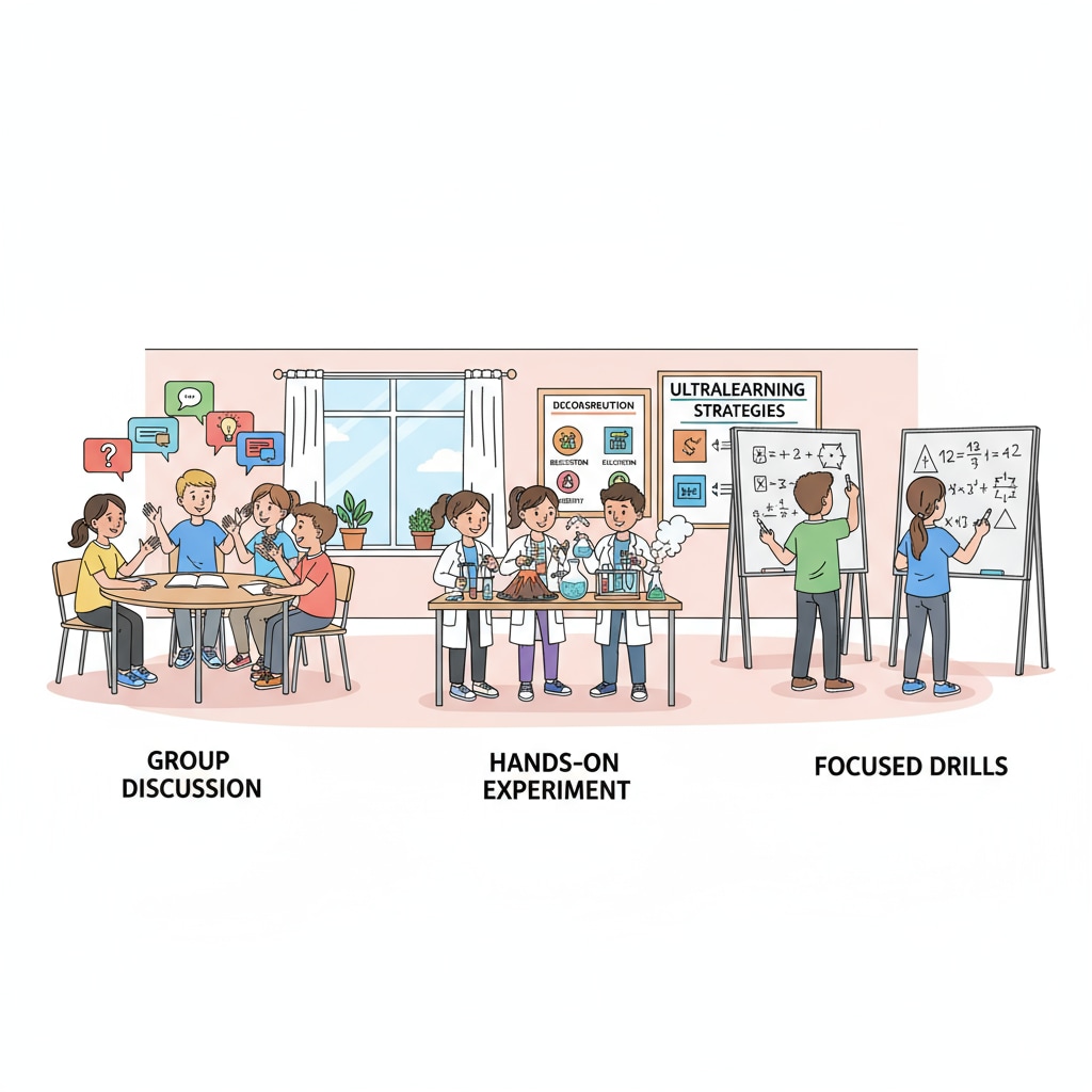 A classroom scene where students are applying different Ultralearning strategies, such as group discussions, hands-on experiments, and focused drills. Classroom application of Ultralearning strategies for learning methods, meta-learning, and deep learning