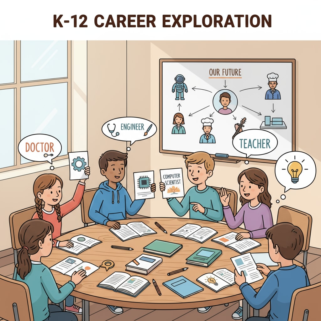 A group of K12 students are sitting around a table, engaged in a lively discussion about their future career paths. Some are holding papers with different career options written on them. K12 students discussing career choices related to father's pressure, military, medicine