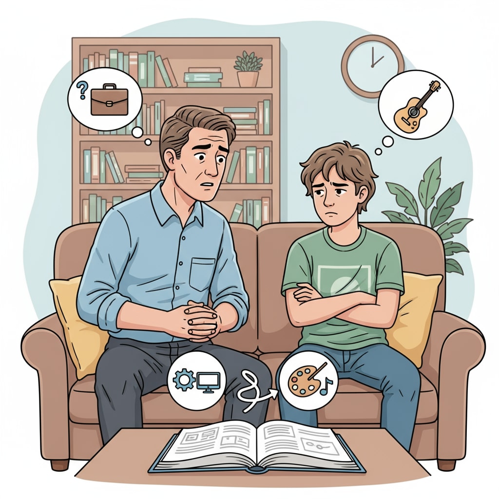 A father and son are sitting on a couch, having a serious conversation. The father has a concerned expression, and the son is looking a bit frustrated as they talk about career choices. Father and son in conversation about career choices involving father's pressure, military, medicine