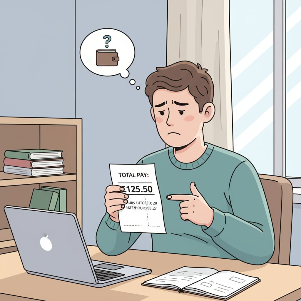 A university graduate looking frustrated with a low - paying tutoring job pay slip
