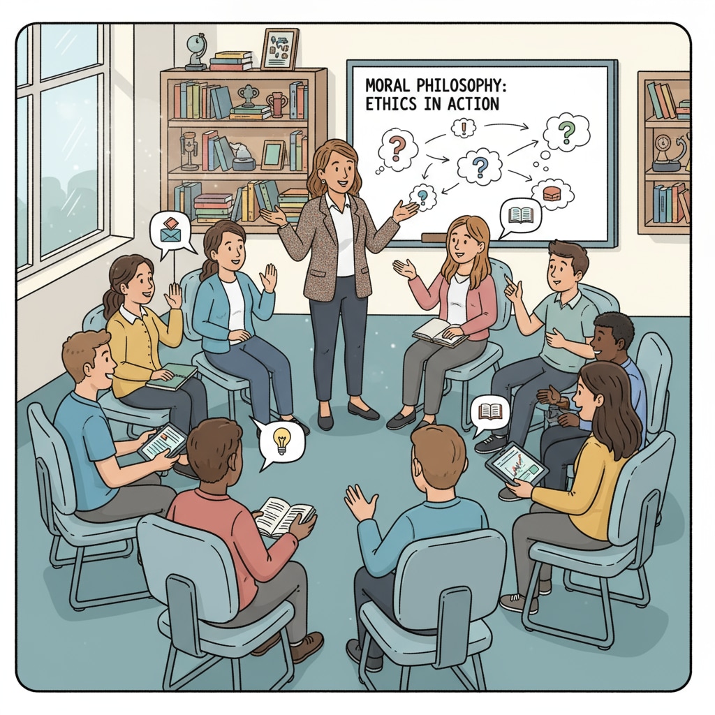A classroom scene where students are engaged in a discussion about moral philosophy. The teacher is standing at the front, and the students are sitting in a circle, actively sharing their thoughts and ideas. Students discussing moral philosophy to develop empathy and social responsibility