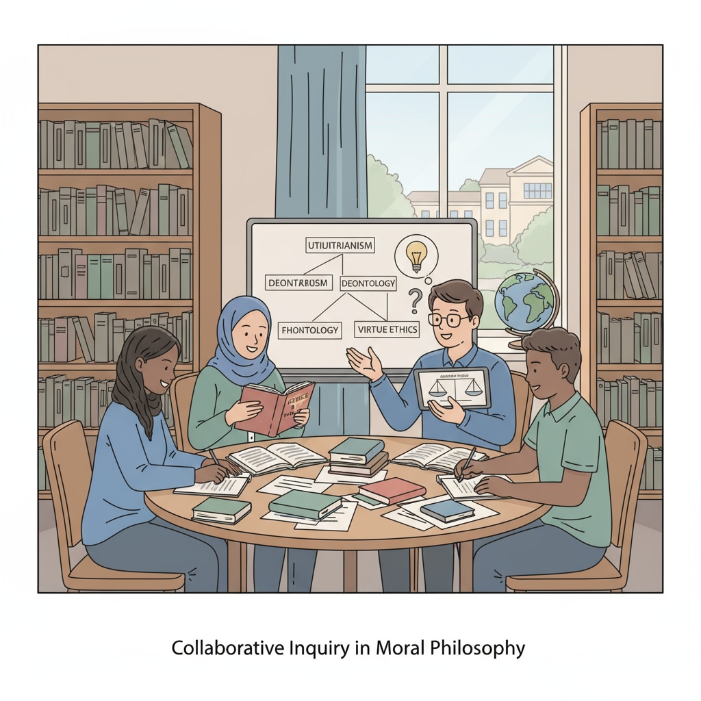 A group of students collaborating on a project related to moral philosophy. They are gathered around a table, looking at books and papers, and working together to come up with ideas and solutions. Students collaborating on a moral philosophy project to enhance social responsibility