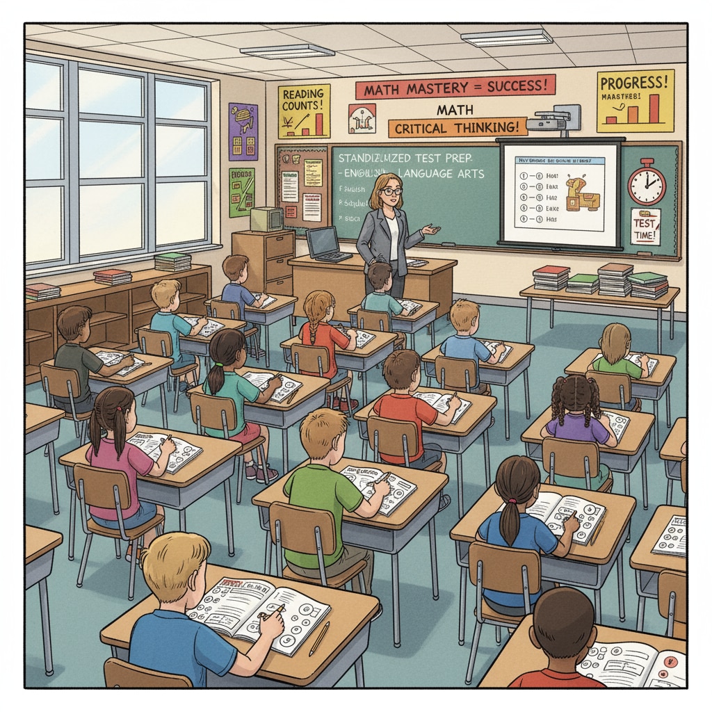 A classroom scene during the NCLB era with students engaged in learning activities related to test preparation. Students in a classroom during the NCLB era focused on test preparation as part of educational change due to accountability measures.