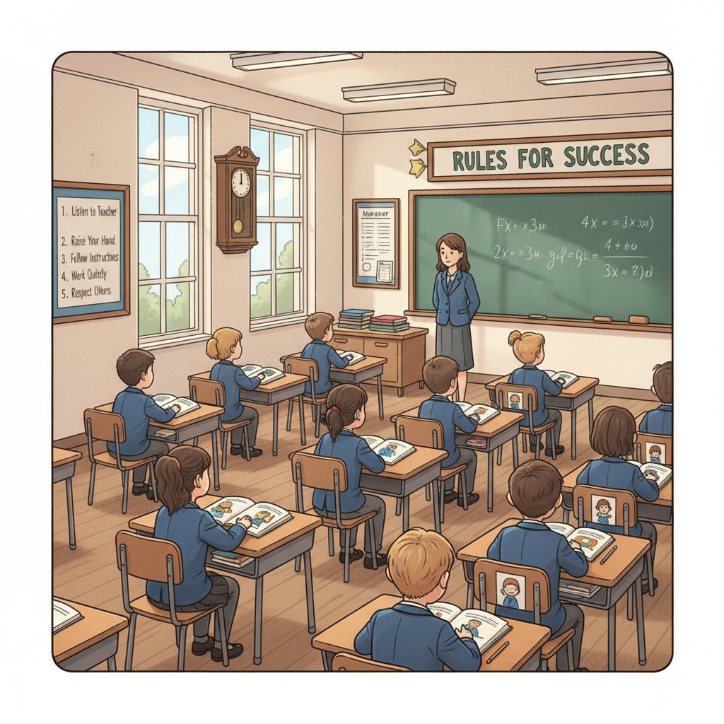 A classroom scene with students sitting quietly, following rules, showing the obedience-oriented environment in traditional K12 education Classroom scene depicting obedience in K12 education