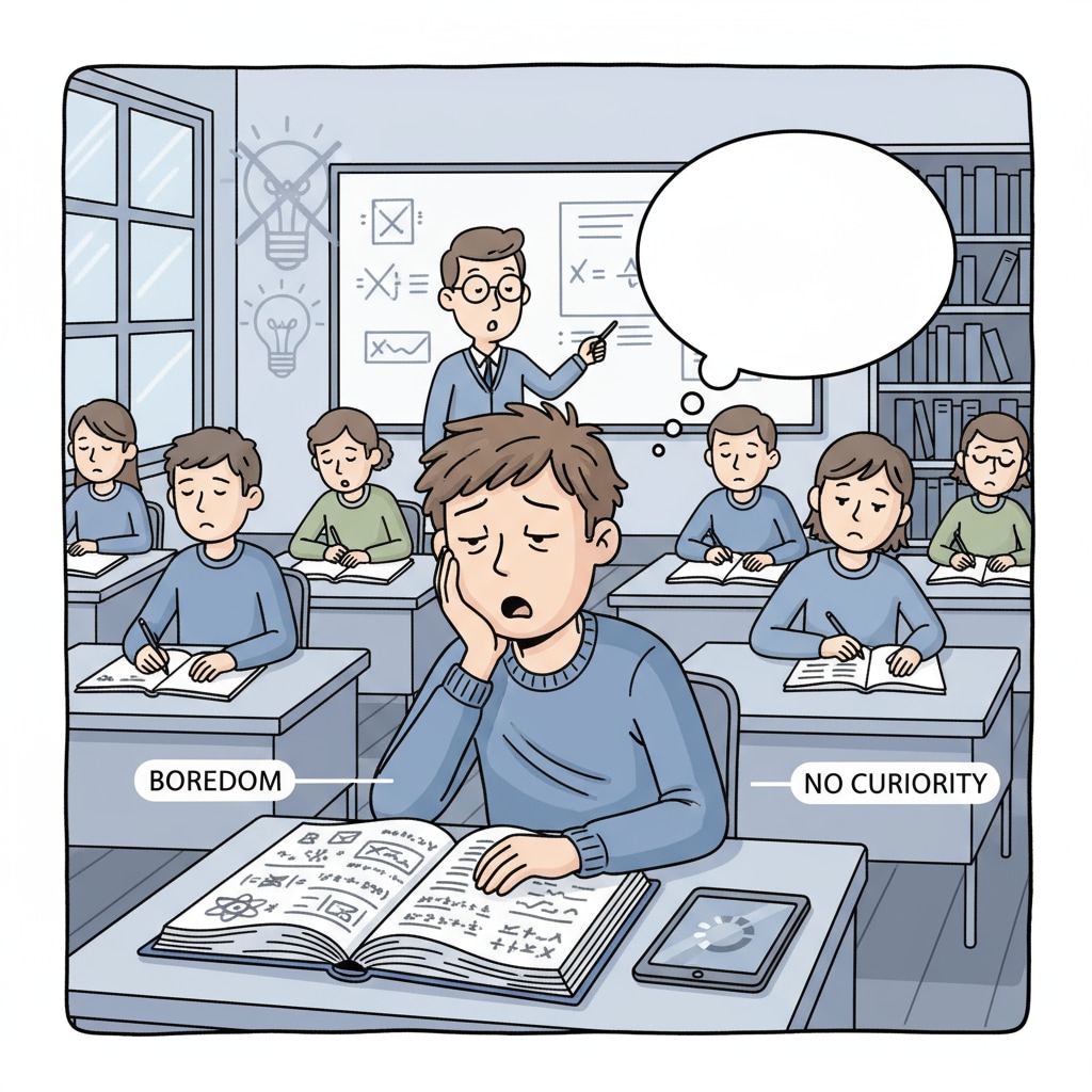 A student looking bored in a classroom, indicating the lack of curiosity stimulation Bored student in a classroom, highlighting lack of curiosity