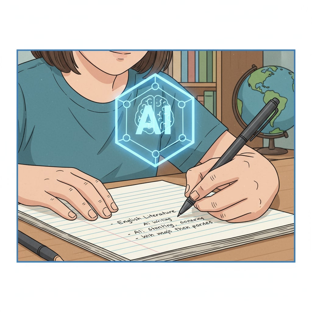 An illustration showing a student writing with a pen on paper while an AI icon is in the background, representing the coexistence of traditional writing and AI writing An image depicting the coexistence of student writing and AI writing, highlighting the concepts of AI writing, authenticity, writing characteristics, and teaching methods