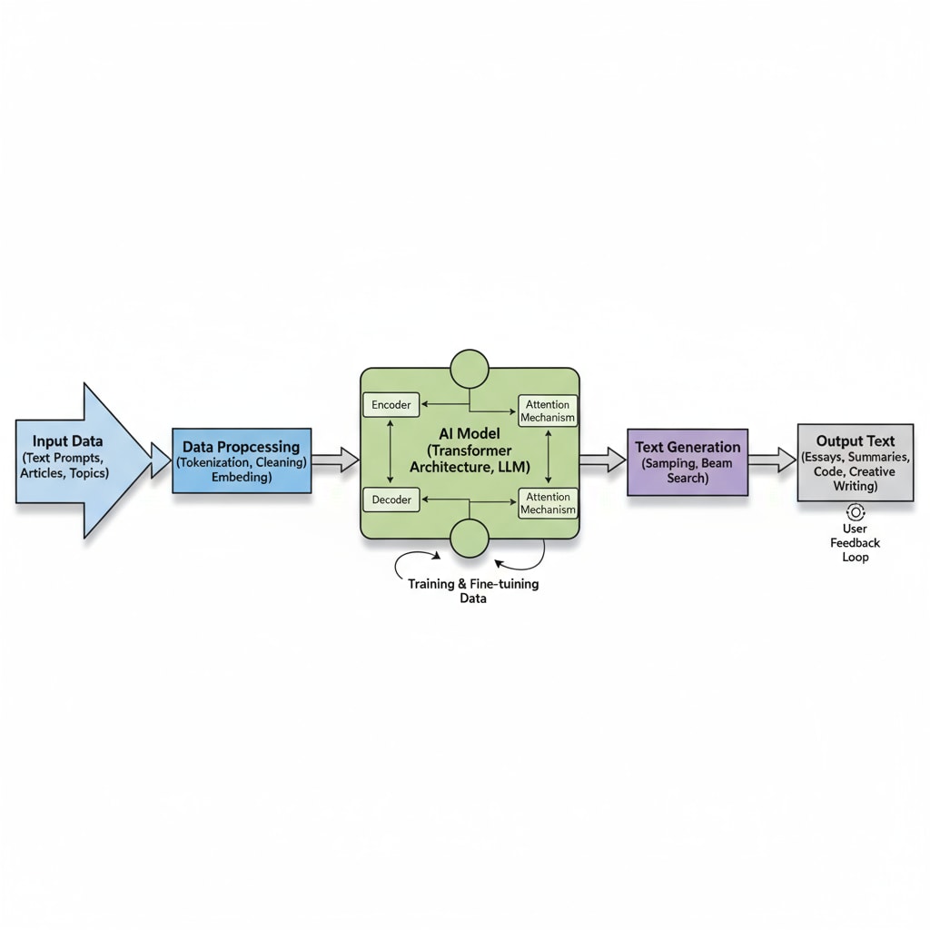 A visual representation of data flow in an AI writing system, showing how input data is processed to generate text A visual showing the data flow in an AI writing system, related to AI writing characteristics, authenticity, and teaching methods