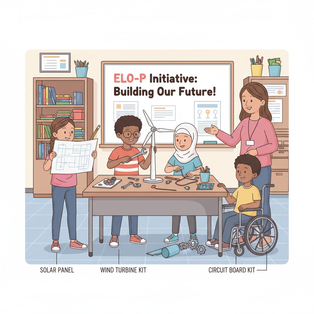 A group of students engaging in an after-school activity which is part of the ELO-P initiative. They are collaborating on a project, showing the practical implementation of the program. Students participating in an ELO-P after-school activity in California education