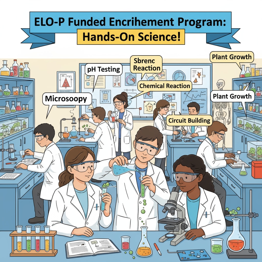 Students conducting experiments in a science lab as part of an ELO-P funded enrichment program. This shows how the program provides hands-on learning opportunities. Students in a science lab during an ELO-P funded enrichment activity in California education