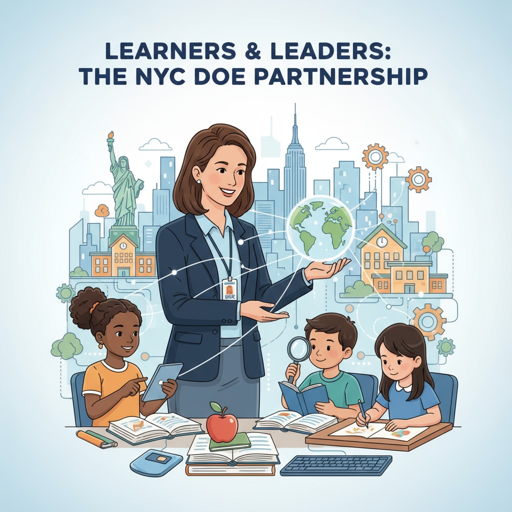 An NYC DOE professional is interacting with students, showing a connection between the education department and learners. Interaction between NYC DOE professional and students related to urban education interview