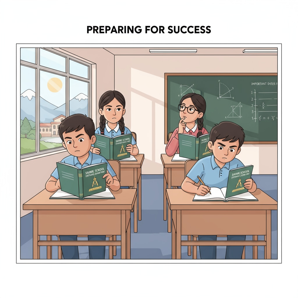 A group of students sitting at desks, books open, studying intently for the Sainik School entrance exam. Students preparing for AISSEE 2026 Sainik School entrance exam