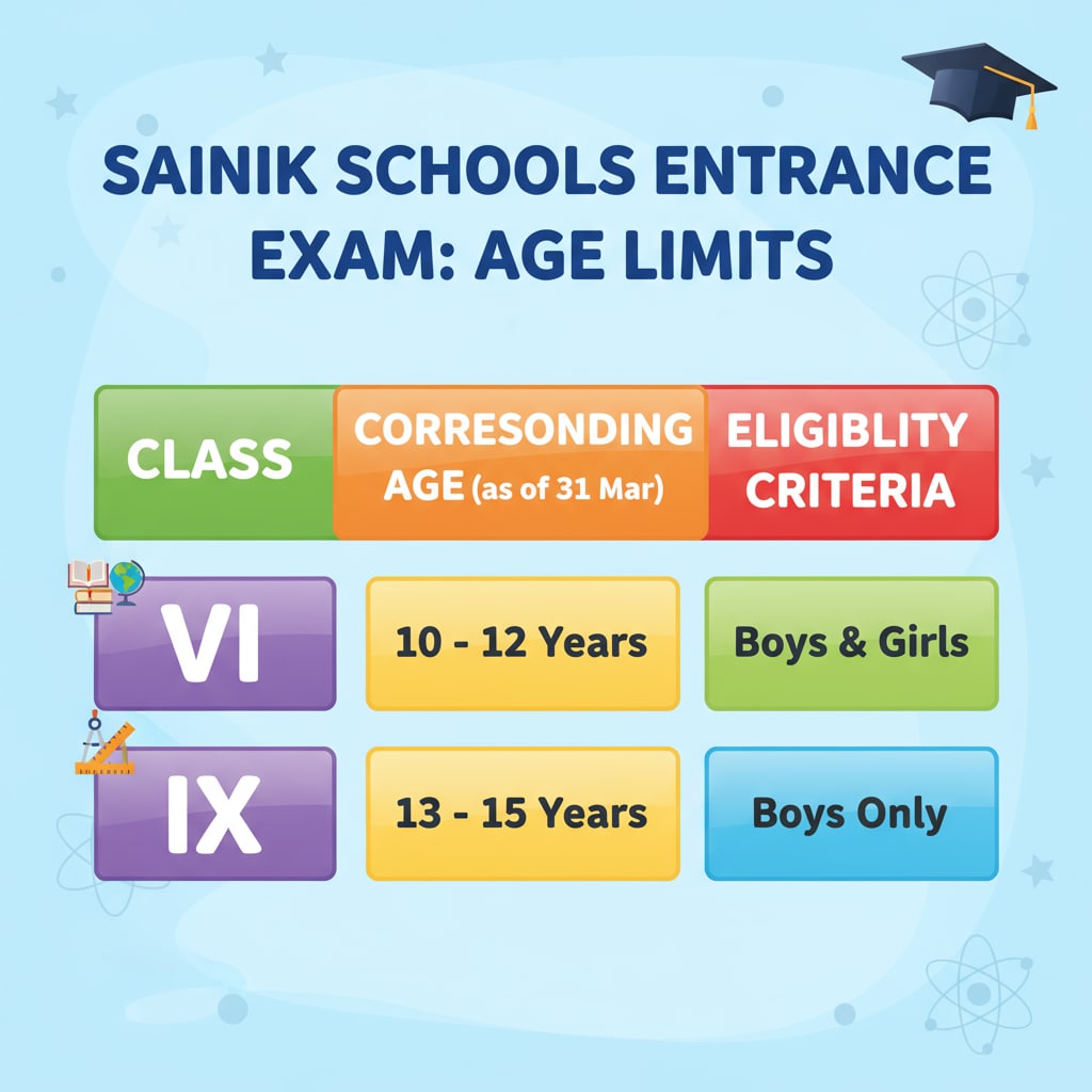 A colorful chart with columns showing different classes in Sainik School and the corresponding age limits for the entrance exam. Age limits for AISSEE 2026 Sainik School entrance exam by class