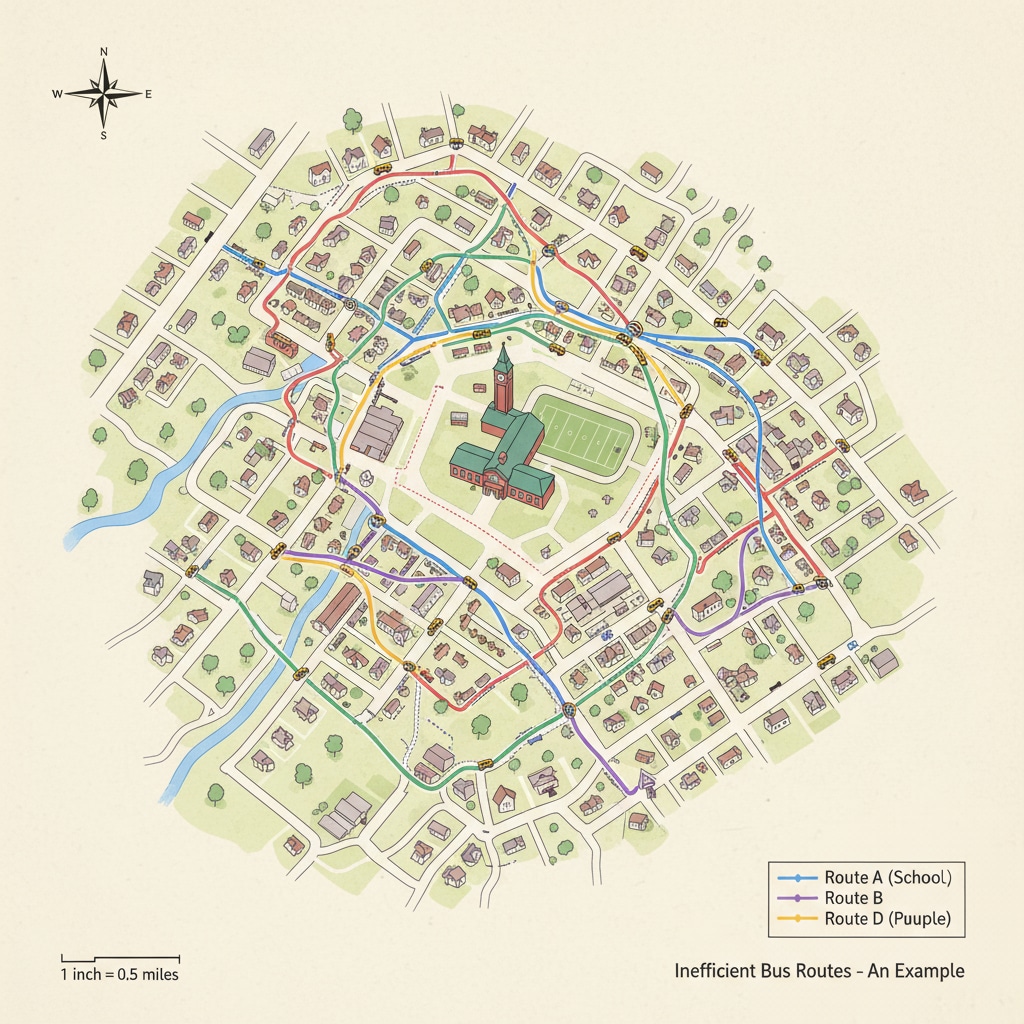 A map depicting complex and inefficient school bus routes in a small town. Map of convoluted school bus routes in a small town