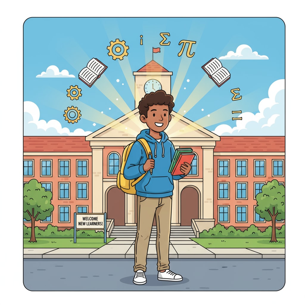 A student stands in front of a school building, exuding positivity and readiness to face new educational challenges. A student ready to face new challenges after experiencing academic failure, reapplication, and rejection