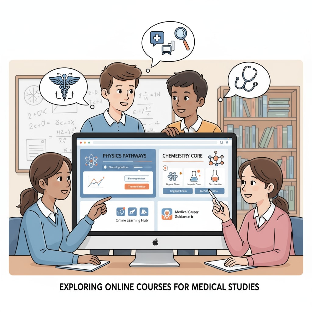A group of high school students are having a discussion in front of a computer. The screen shows various online learning platforms with physics and chemistry courses prominently displayed. This represents the scenario of students considering subject choices in the context of online learning for the medical field. High school students discussing physics and chemistry choices in online learning for the medical field
