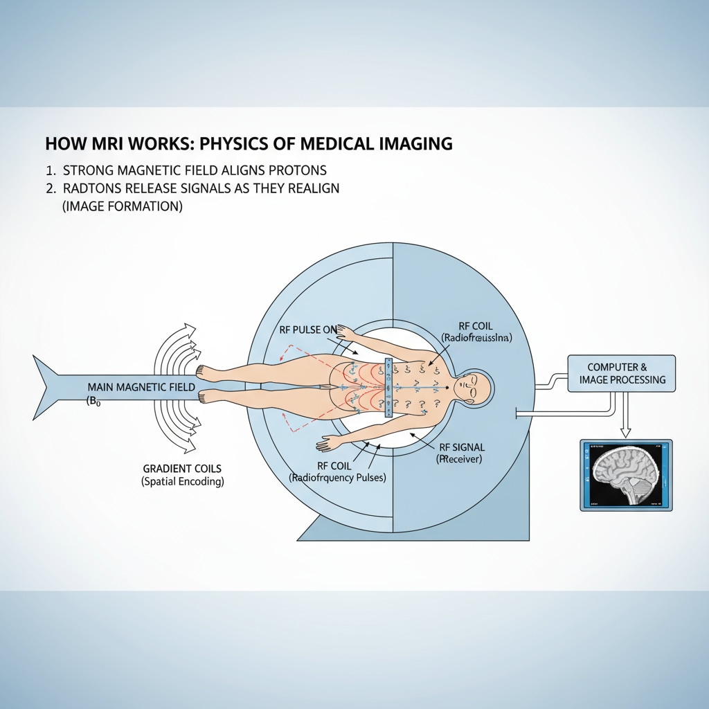 A detailed diagram that explains how an MRI machine functions. It shows the magnetic fields, radio waves, and how they interact with the human body to produce images. This is relevant to the role of physics in medical imaging. Diagram of an MRI machine's working principle related to physics in the medical field